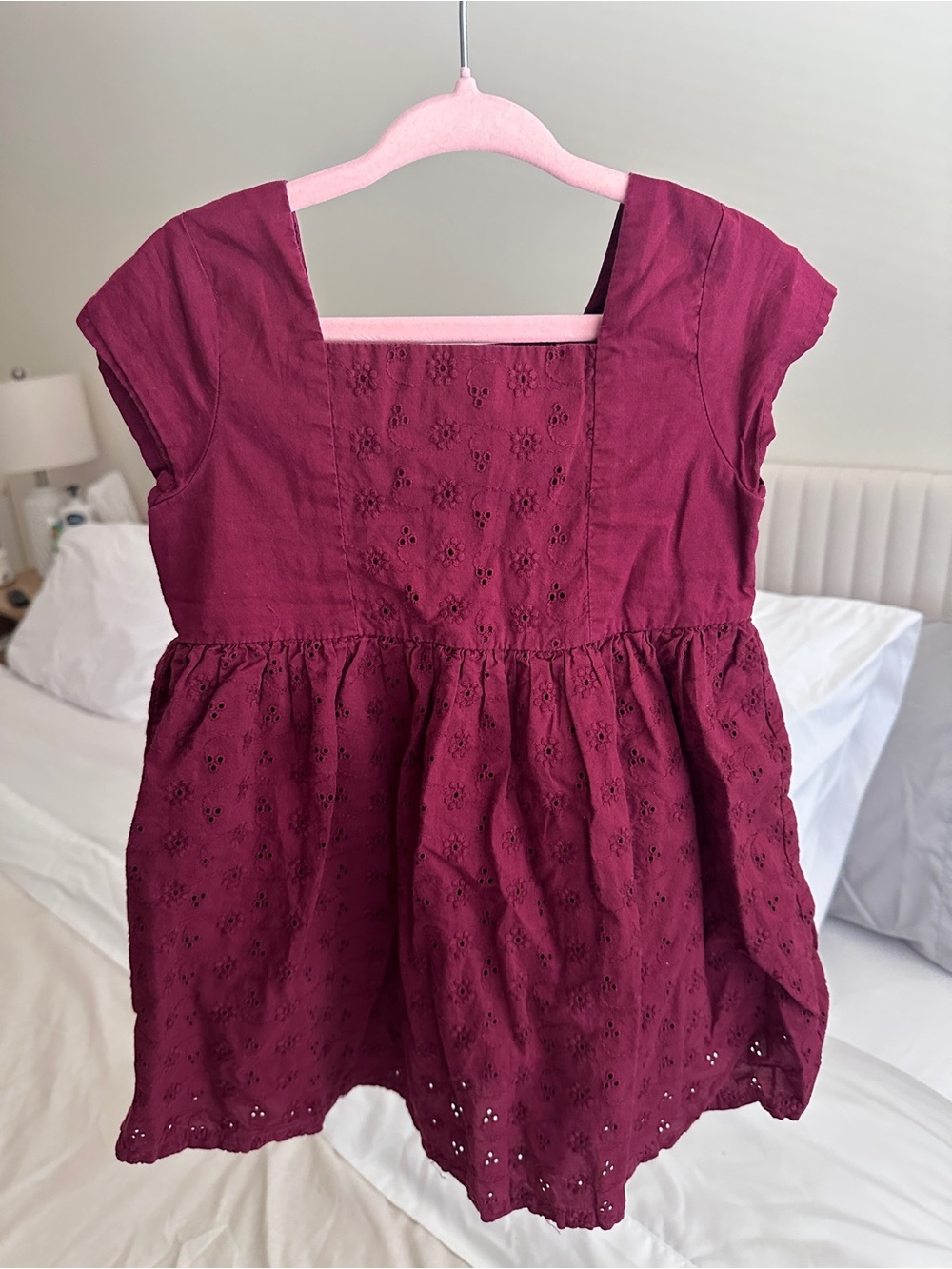 Girls' Berry Eyelet Dress with Square Neck